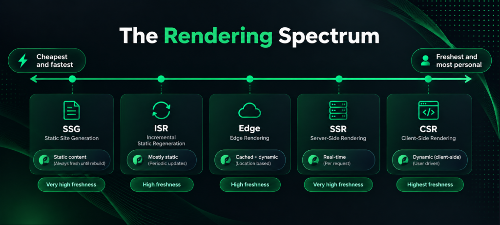 Rendering spectrum showing SSG, ISR, edge, SSR and CSR across the static vs dynamic websites range