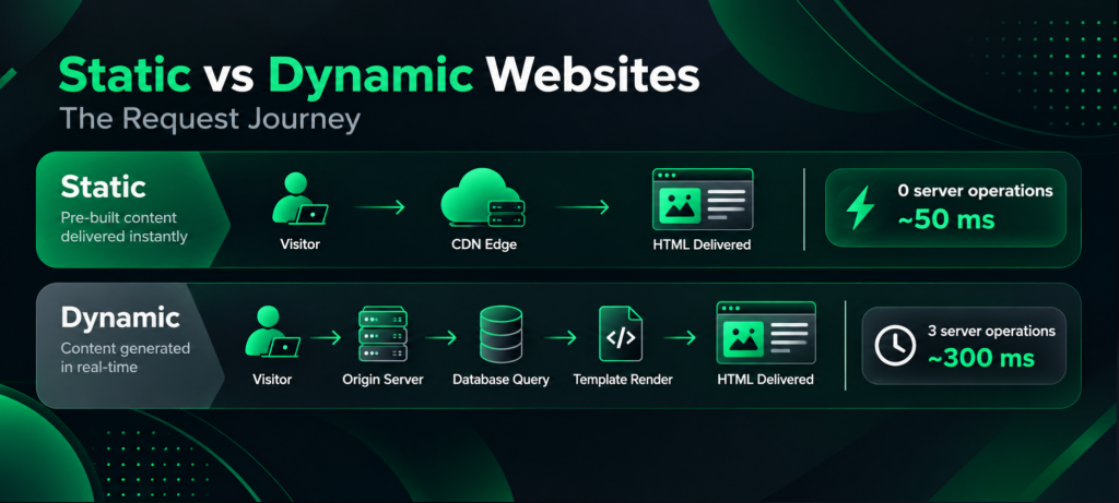 Static vs dynamic websites request flow comparing CDN delivery with server-side rendering