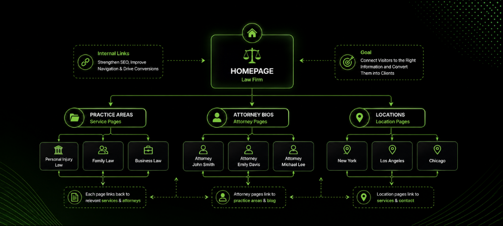 Law firm website structure with practice areas, attorney bios, locations, and internal links.