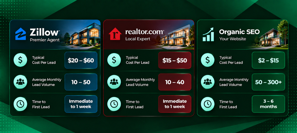 A side-by-side comparison of Zillow Premier Agent, Realtor.com Local Expert
