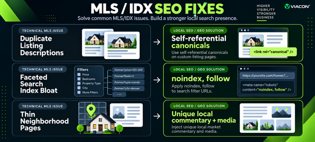 How do real estate agents prevent duplicate content issues caused by MLSIDX feeds