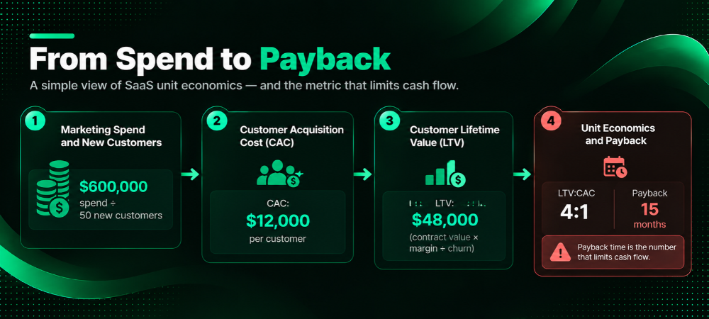Flow diagram showing how $600,000 in spend and 50 new customers produce a $12,000 CAC, a $48,000 LTV, a 4:1 ratio, and a 15-month payback