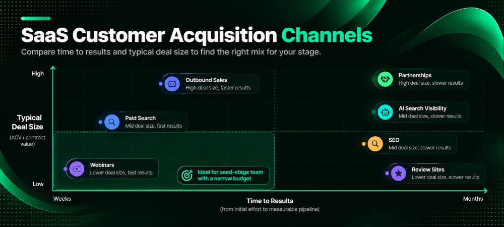 Matrix plotting eight SaaS acquisition channels by time to results and typical deal size.